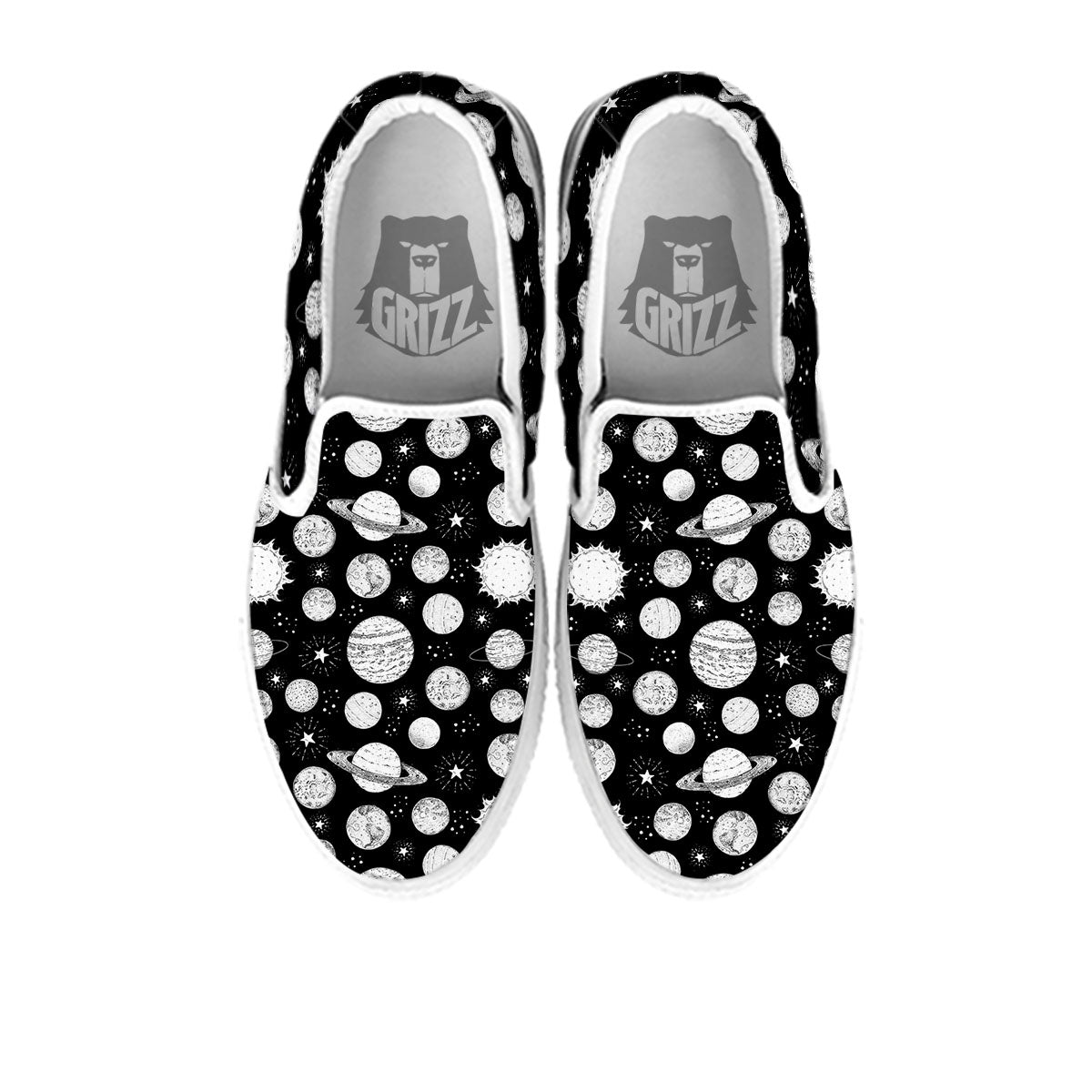 Planets White And Black Print Pattern White Slip On Shoes-grizzshop