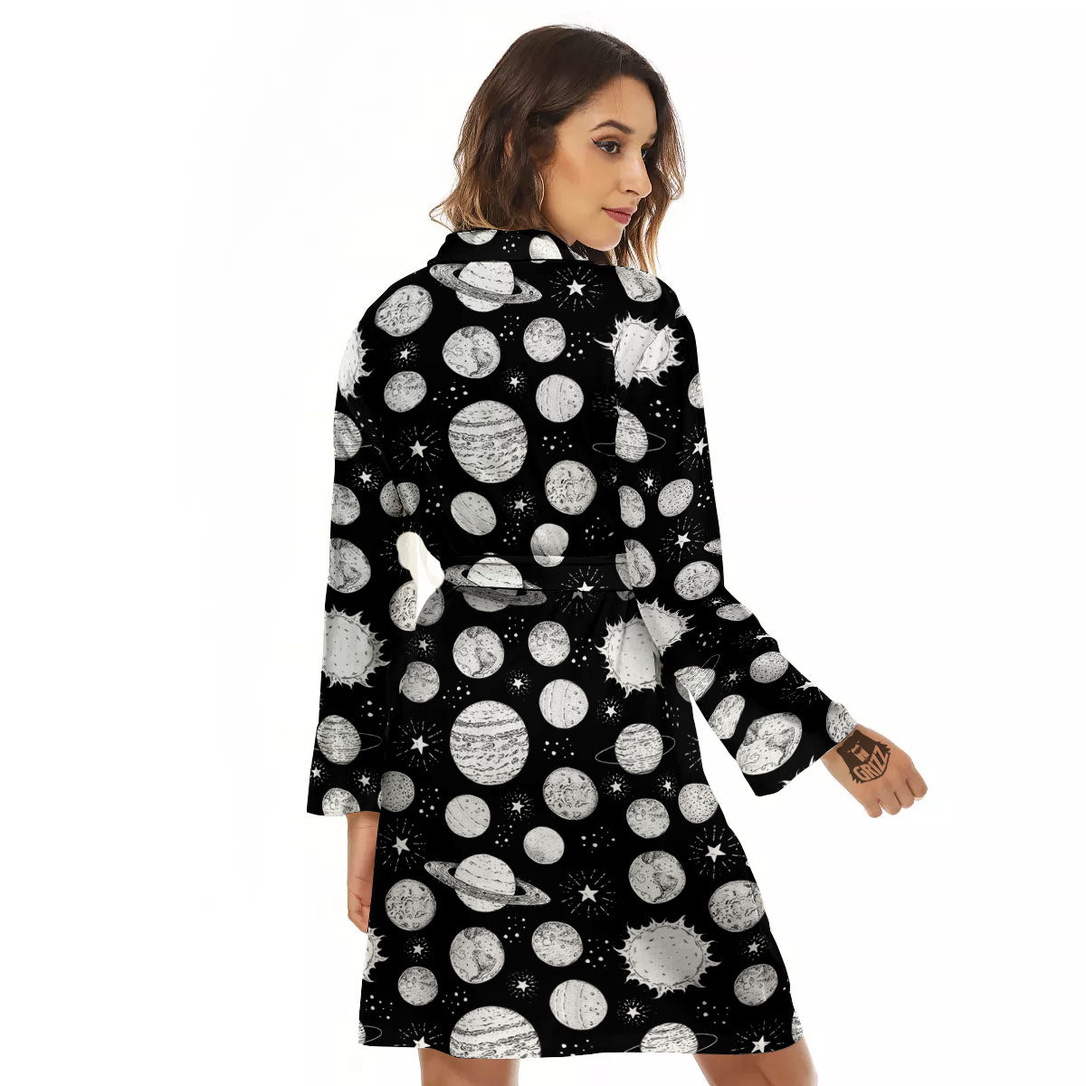 Planets White And Black Print Pattern Women's Robe-grizzshop