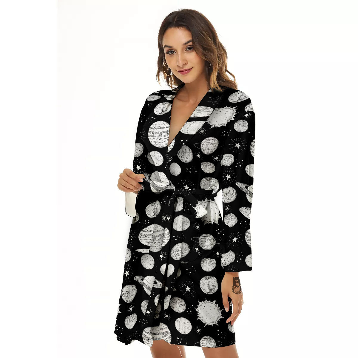 Planets White And Black Print Pattern Women's Robe-grizzshop