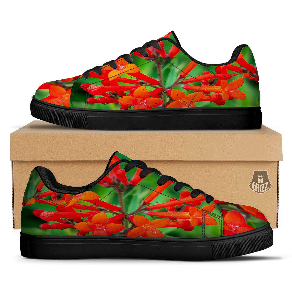 Plant Bouvardia Print Black Low Top Sneakers-grizzshop