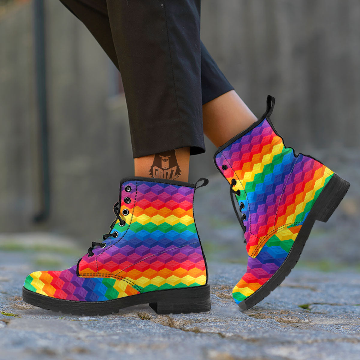 Plastic Blocks Building Print Pattern Leather Boots-grizzshop