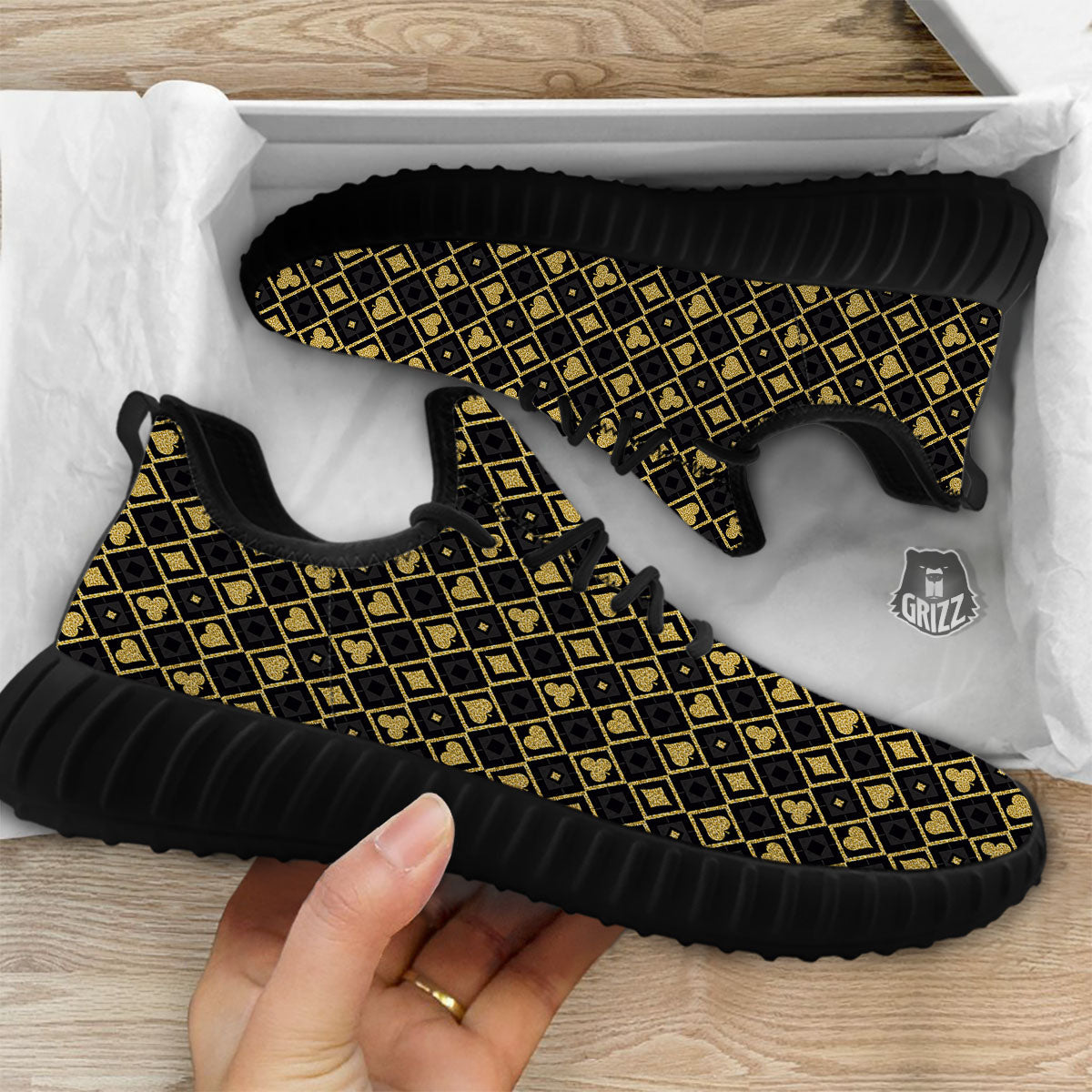 Playing Card Suits Gold Print Pattern Black Walking Shoes-grizzshop