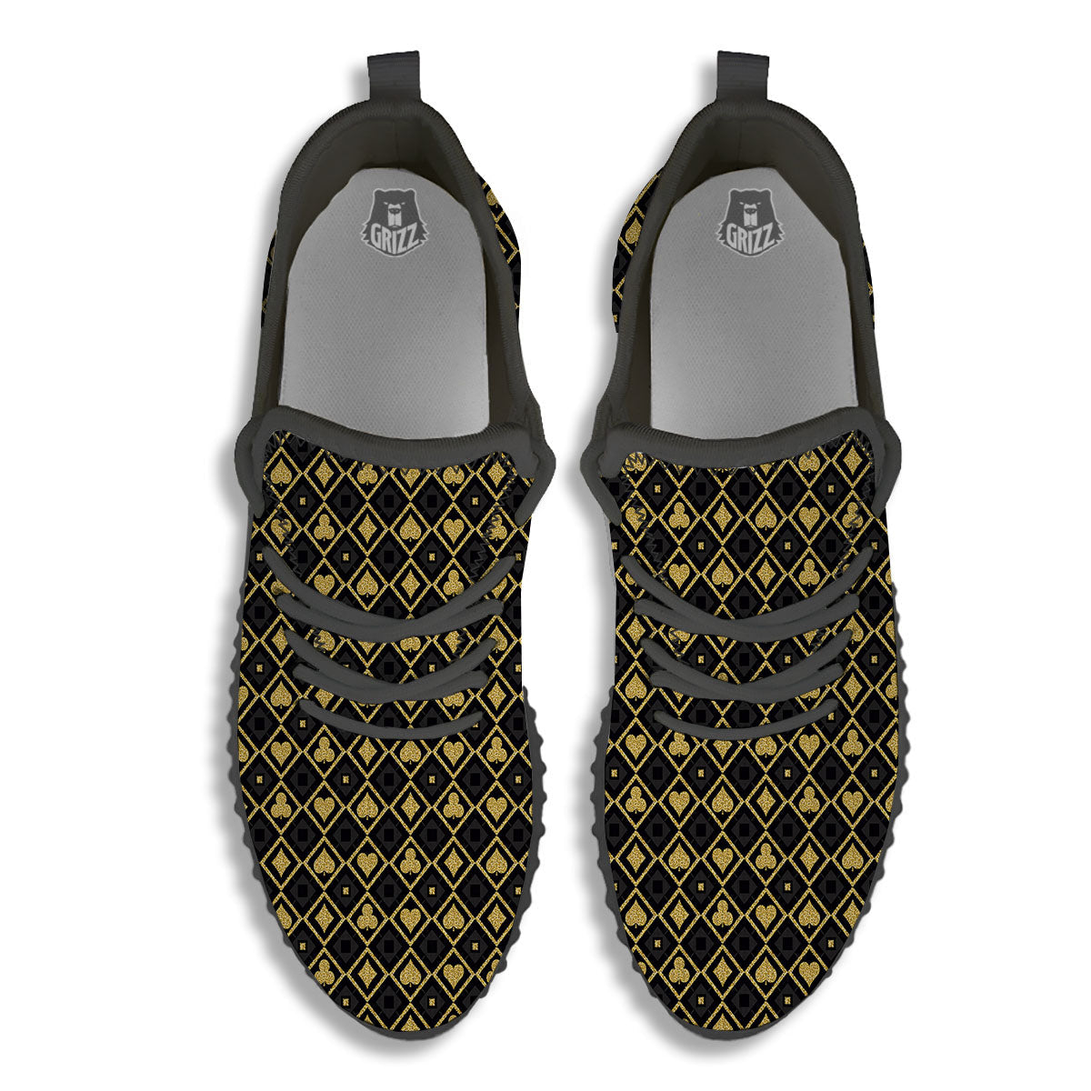 Playing Card Suits Gold Print Pattern Black Walking Shoes-grizzshop