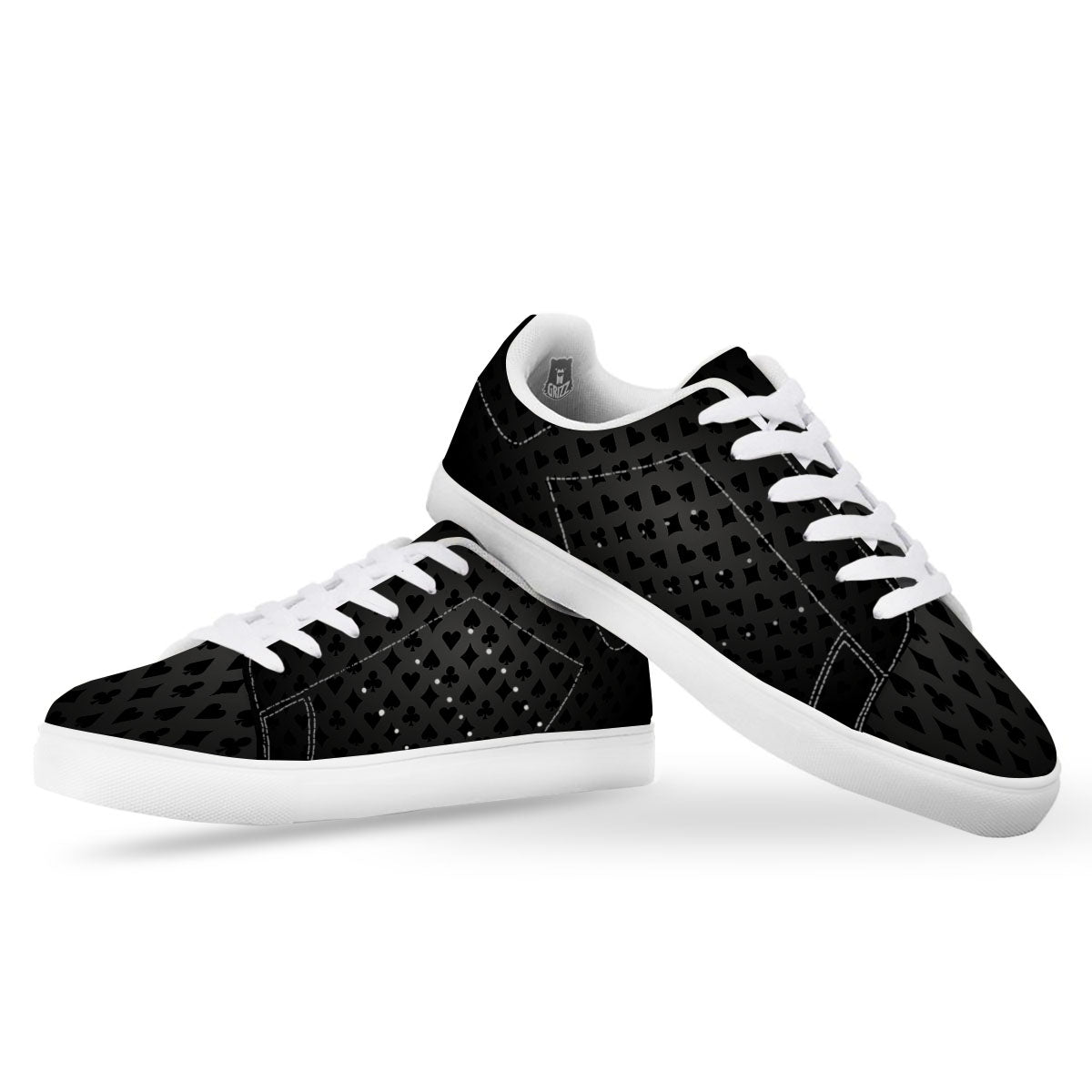 Playing Card Suits Grey And Black Print White Low Top Sneakers-grizzshop