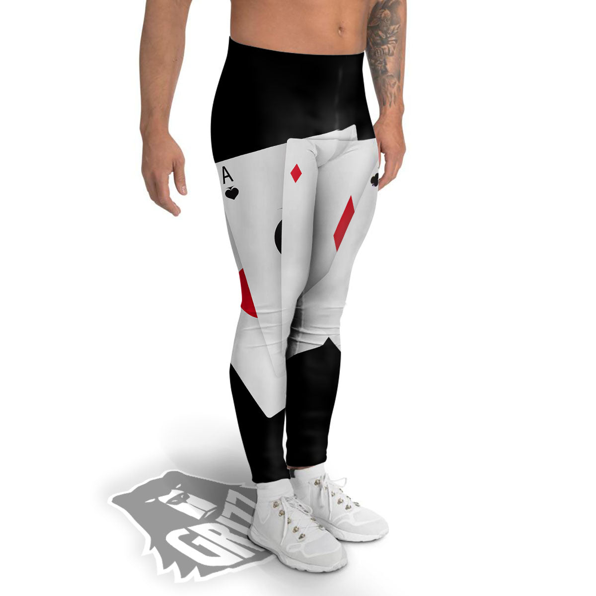 Playing Card Suits White And Black Print Men's Leggings-grizzshop
