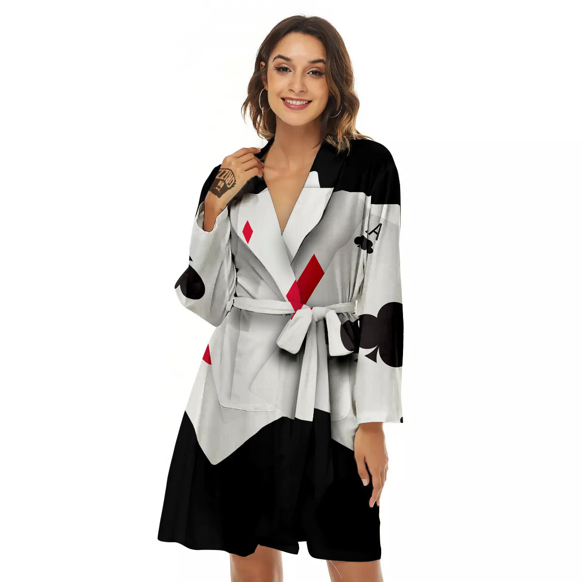 Playing Card Suits White And Black Print Women's Robe-grizzshop