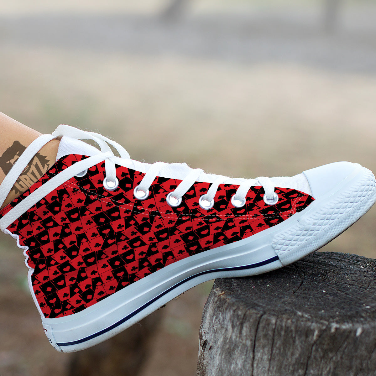 Playing Cards Black Red Print Pattern White High Top Shoes-grizzshop