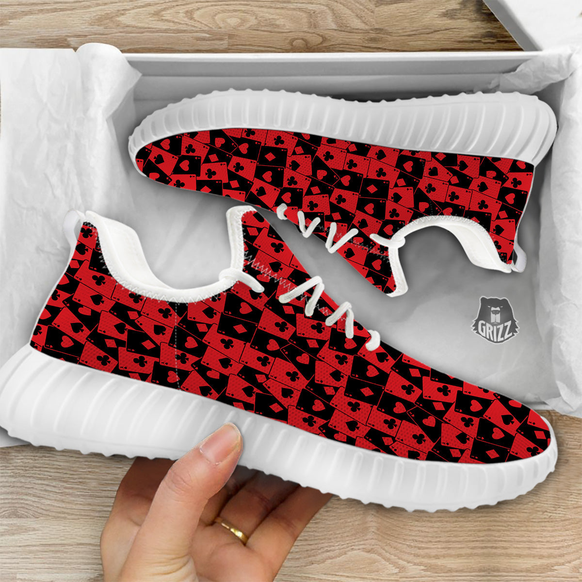 Playing Cards Black Red Print Pattern White Walking Shoes-grizzshop