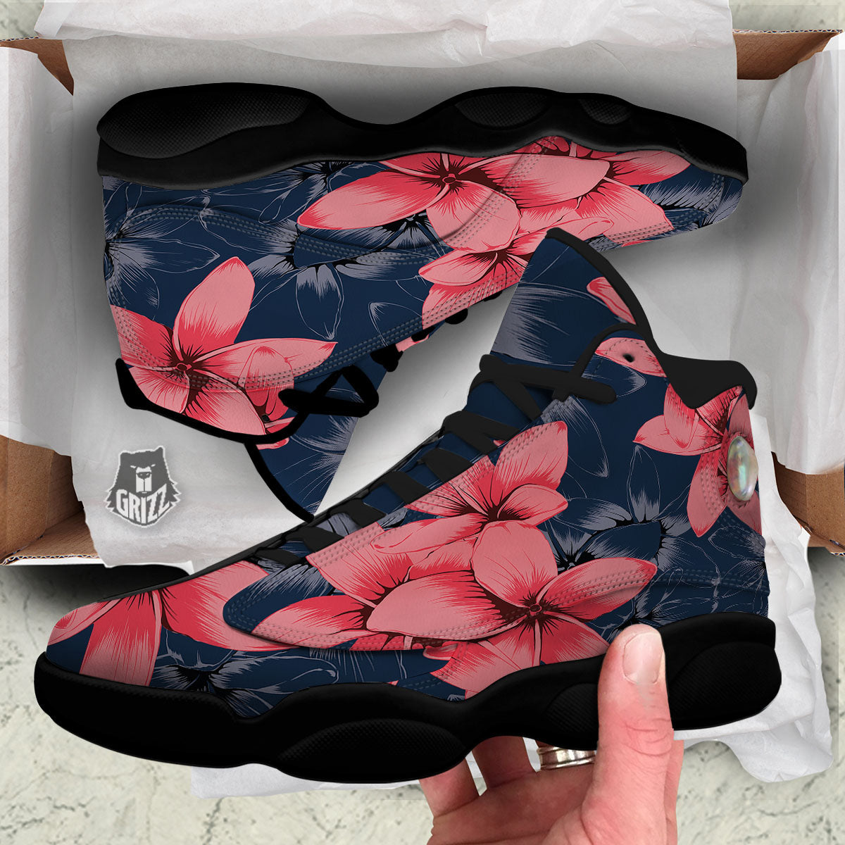 Plumeria Flower Pink Print Black Basketball Shoes-grizzshop