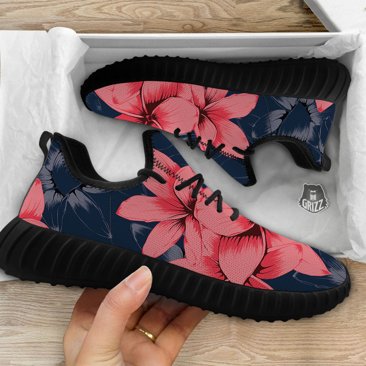 Plumeria Flower Pink Print Black Walking Shoes-grizzshop