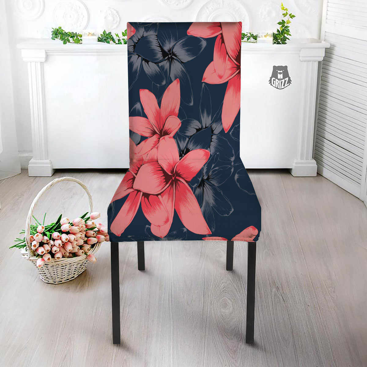 Plumeria Flower Pink Print Dining Chair Slipcover-grizzshop