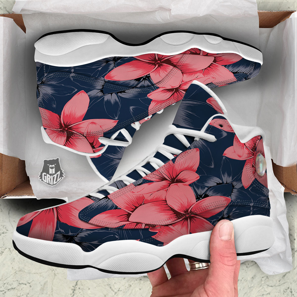 Plumeria Flower Pink Print White Basketball Shoes-grizzshop
