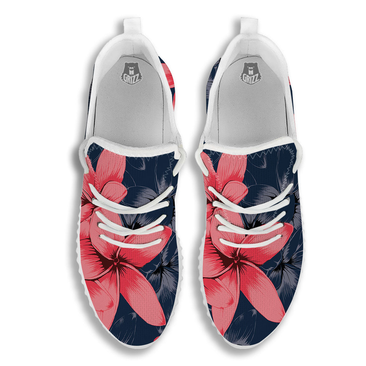 Plumeria Flower Pink Print White Walking Shoes-grizzshop