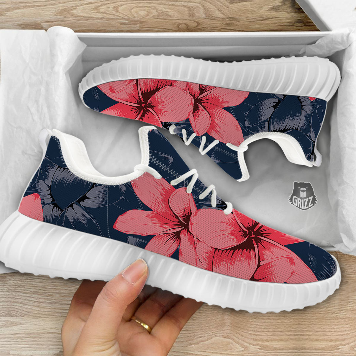 Plumeria Flower Pink Print White Walking Shoes-grizzshop