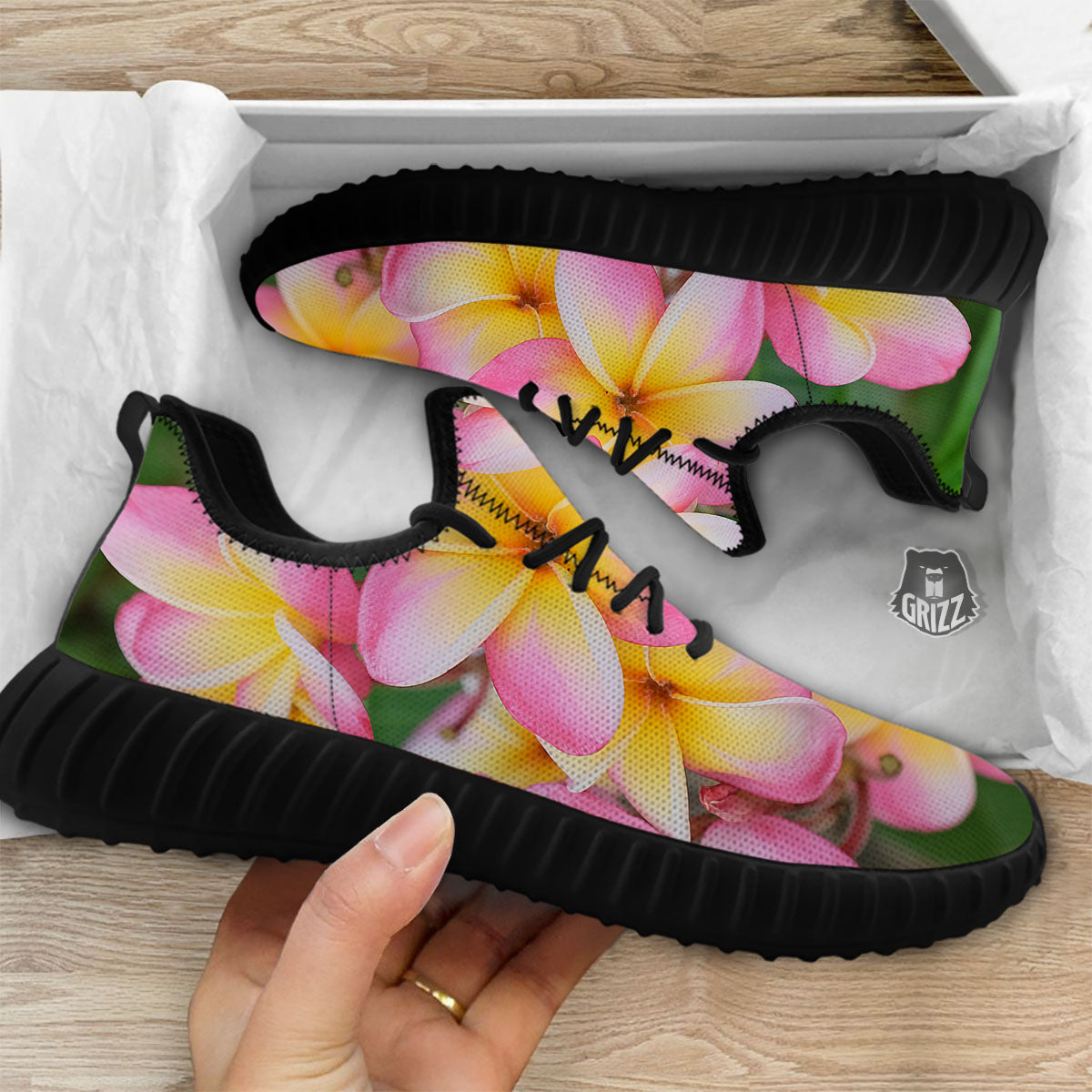 Plumeria Flower Yellow And Pink Print Black Walking Shoes-grizzshop