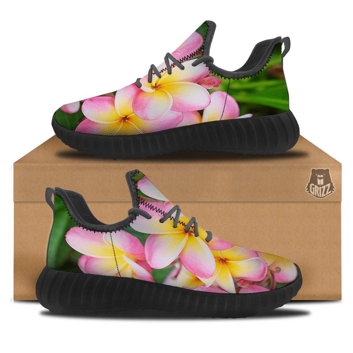 Plumeria Flower Yellow And Pink Print Black Walking Shoes-grizzshop