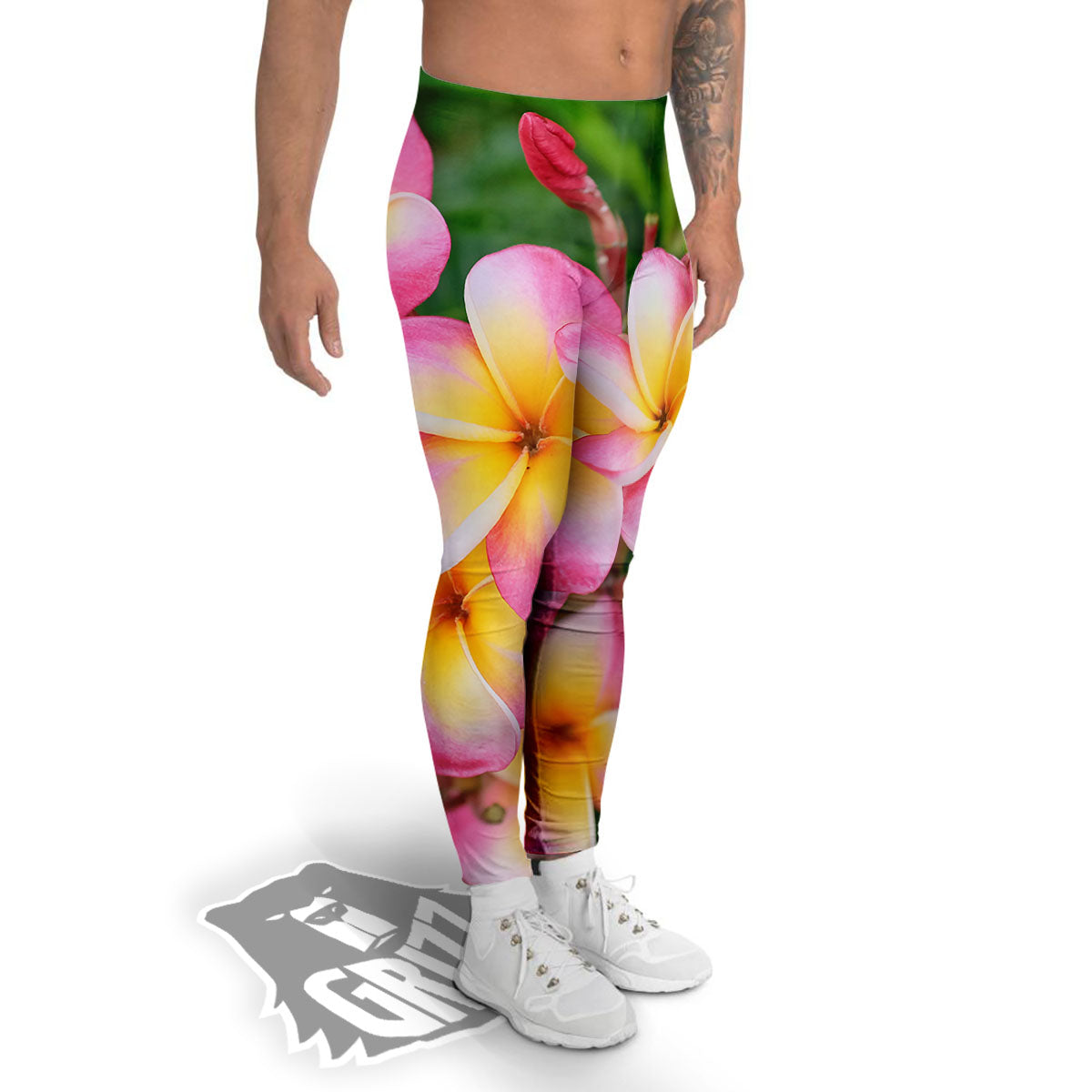 Plumeria Flower Yellow And Pink Print Men's Leggings-grizzshop