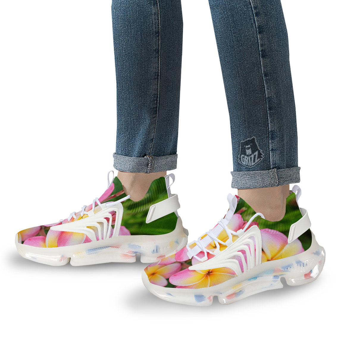 Plumeria Flower Yellow And Pink Print White Gym Shoes-grizzshop