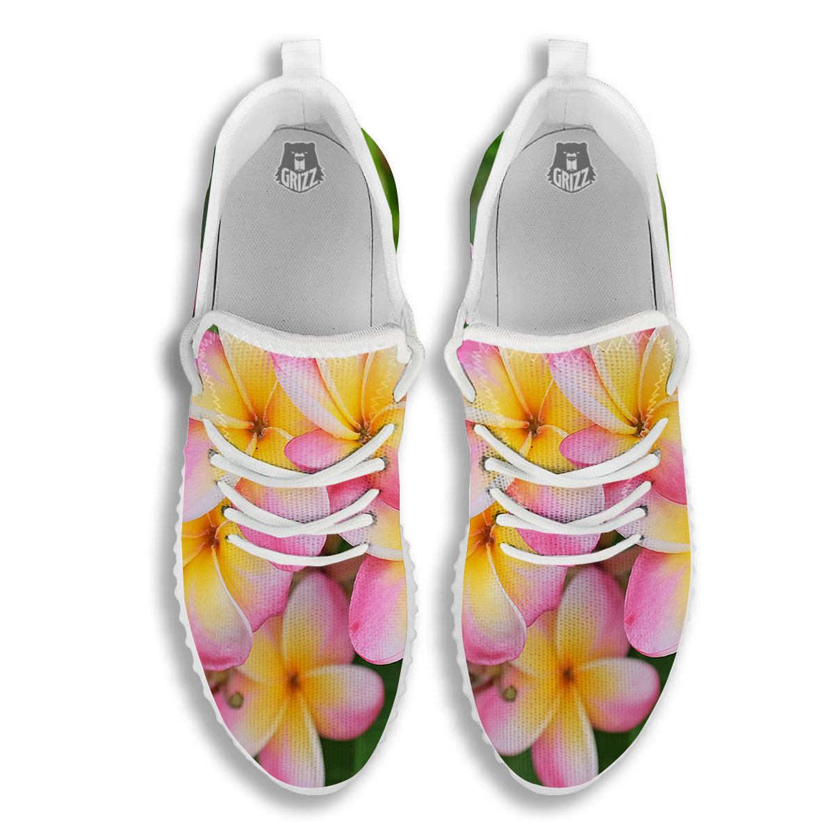 Plumeria Flower Yellow And Pink Print White Walking Shoes-grizzshop