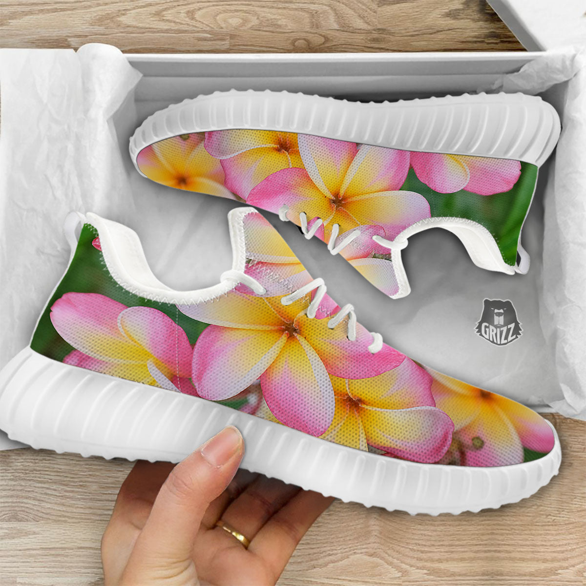 Plumeria Flower Yellow And Pink Print White Walking Shoes-grizzshop