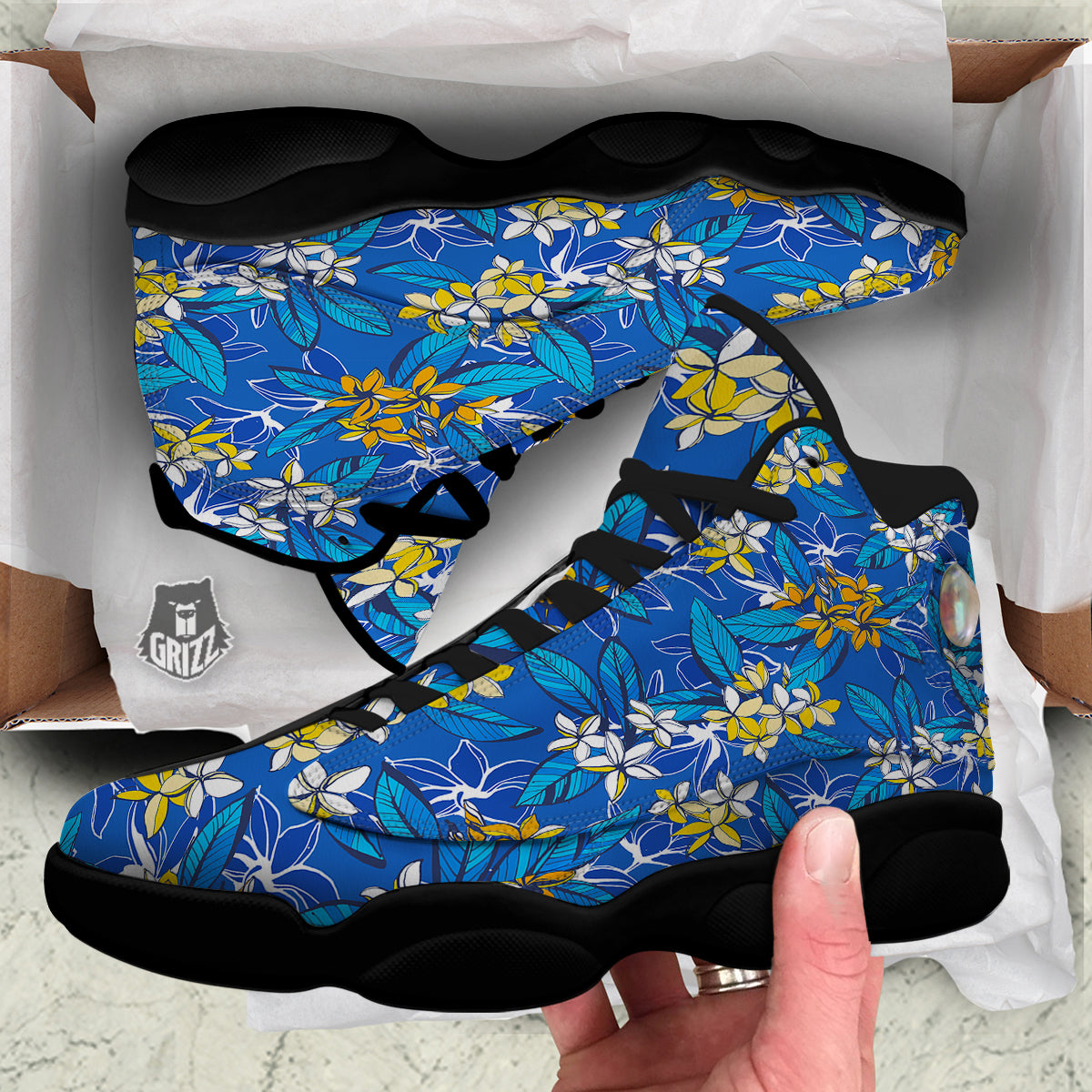 Plumeria Flower Yellow And White Blue Print Pattern Black Basketball Shoes-grizzshop