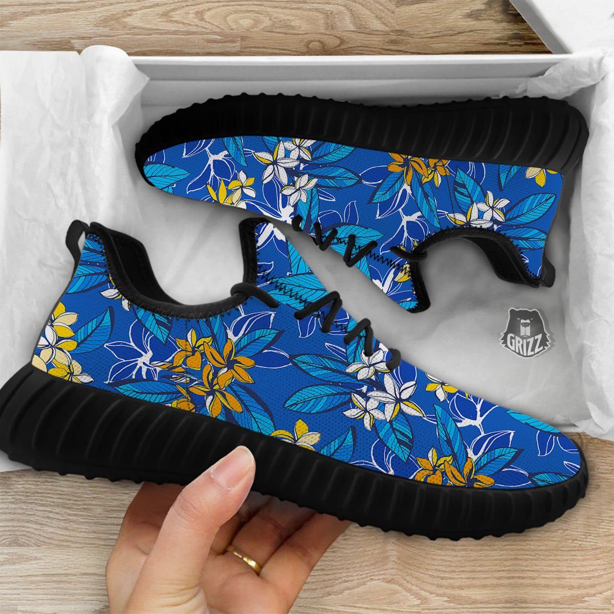 Plumeria Flower Yellow And White Blue Print Pattern Black Walking Shoes-grizzshop