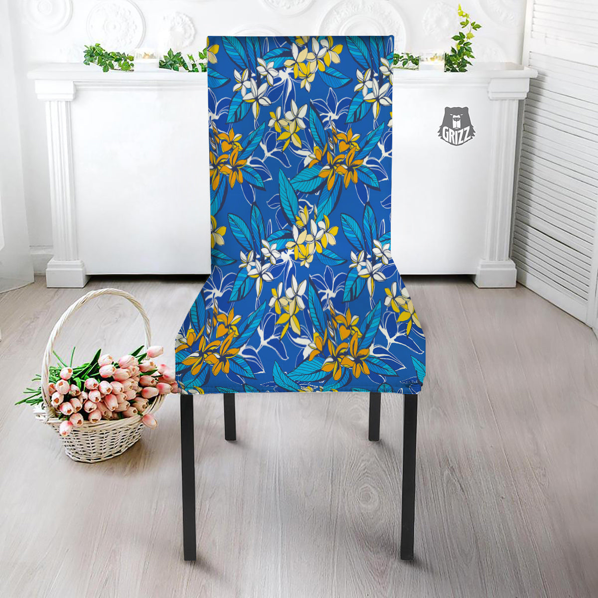 Plumeria Flower Yellow And White Blue Print Pattern Dining Chair Slipcover-grizzshop