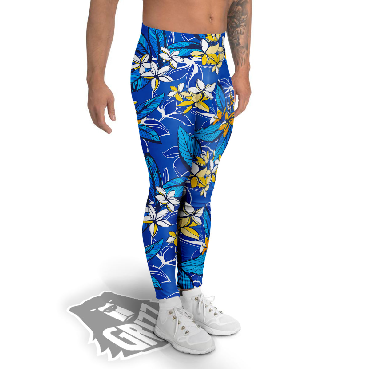 Plumeria Flower Yellow And White Blue Print Pattern Men's Leggings-grizzshop