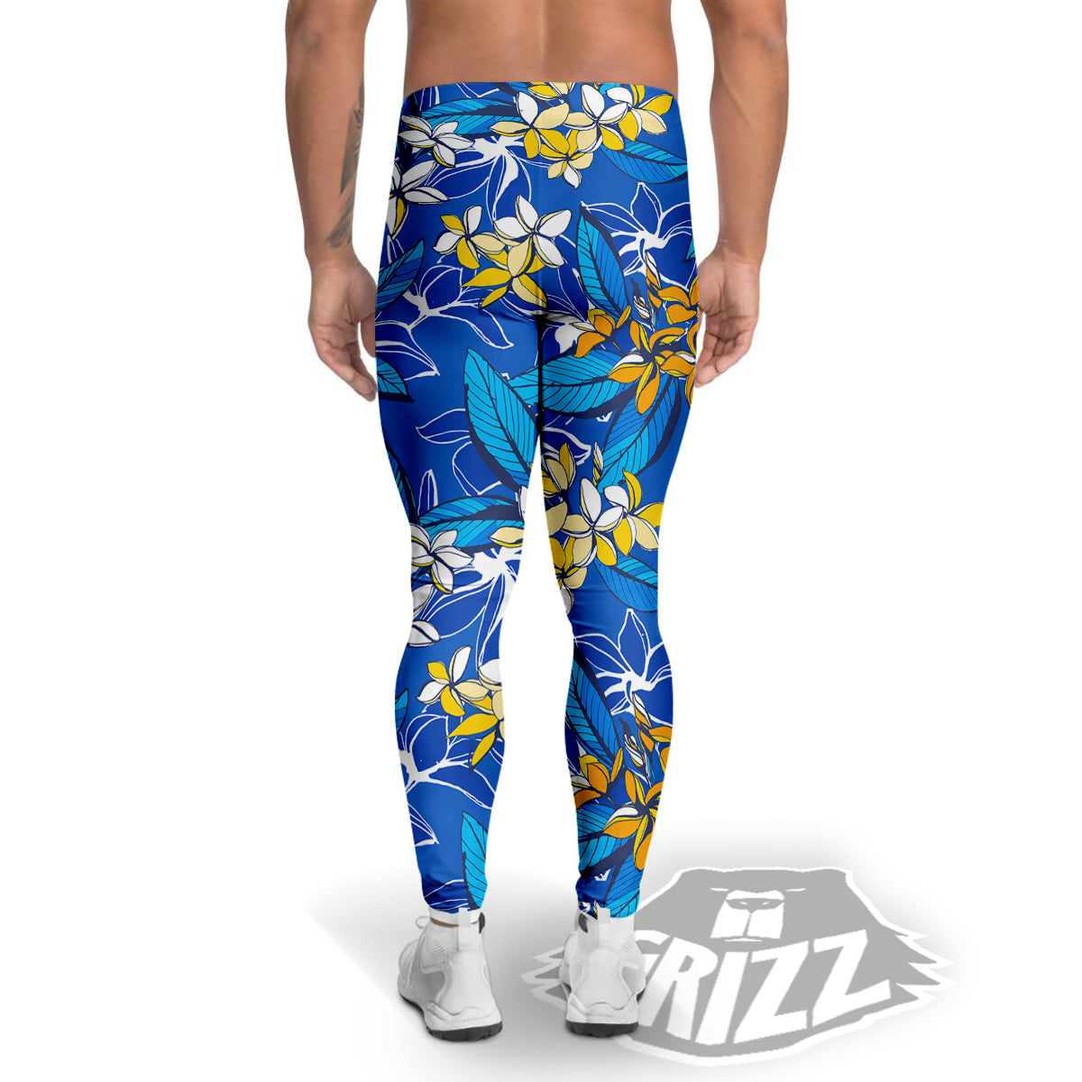 Plumeria Flower Yellow And White Blue Print Pattern Men's Leggings-grizzshop