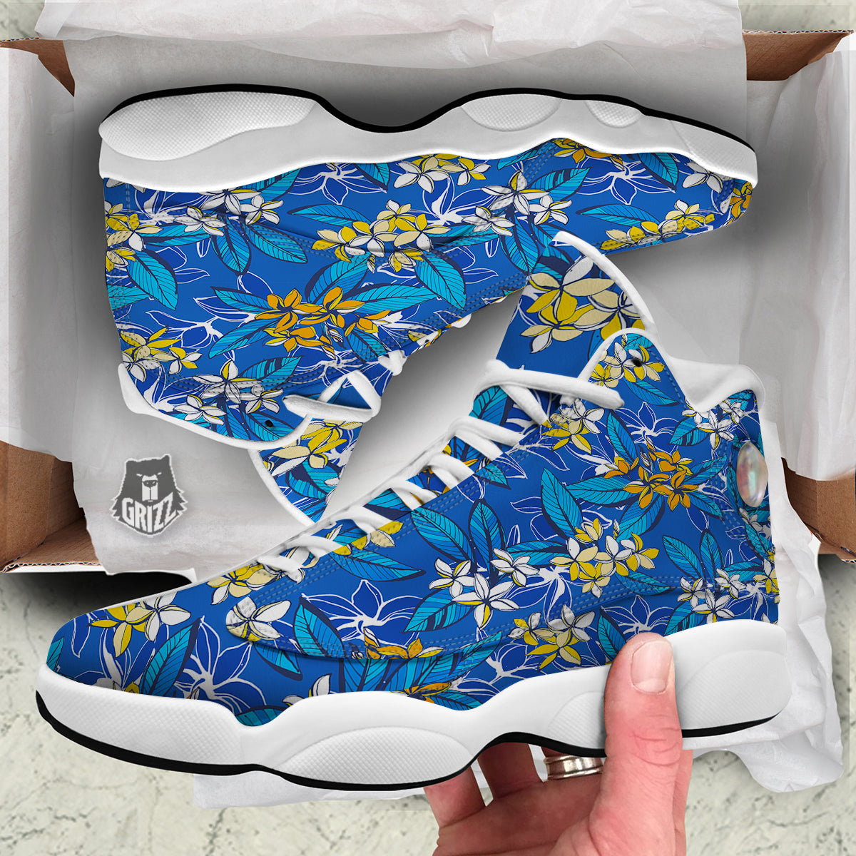 Plumeria Flower Yellow And White Blue Print Pattern White Basketball Shoes-grizzshop