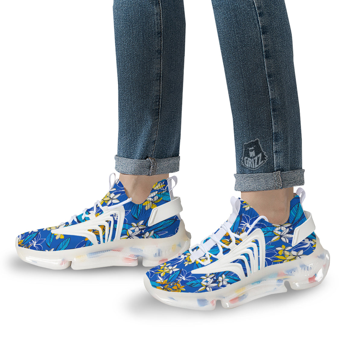 Plumeria Flower Yellow And White Blue Print Pattern White Gym Shoes-grizzshop