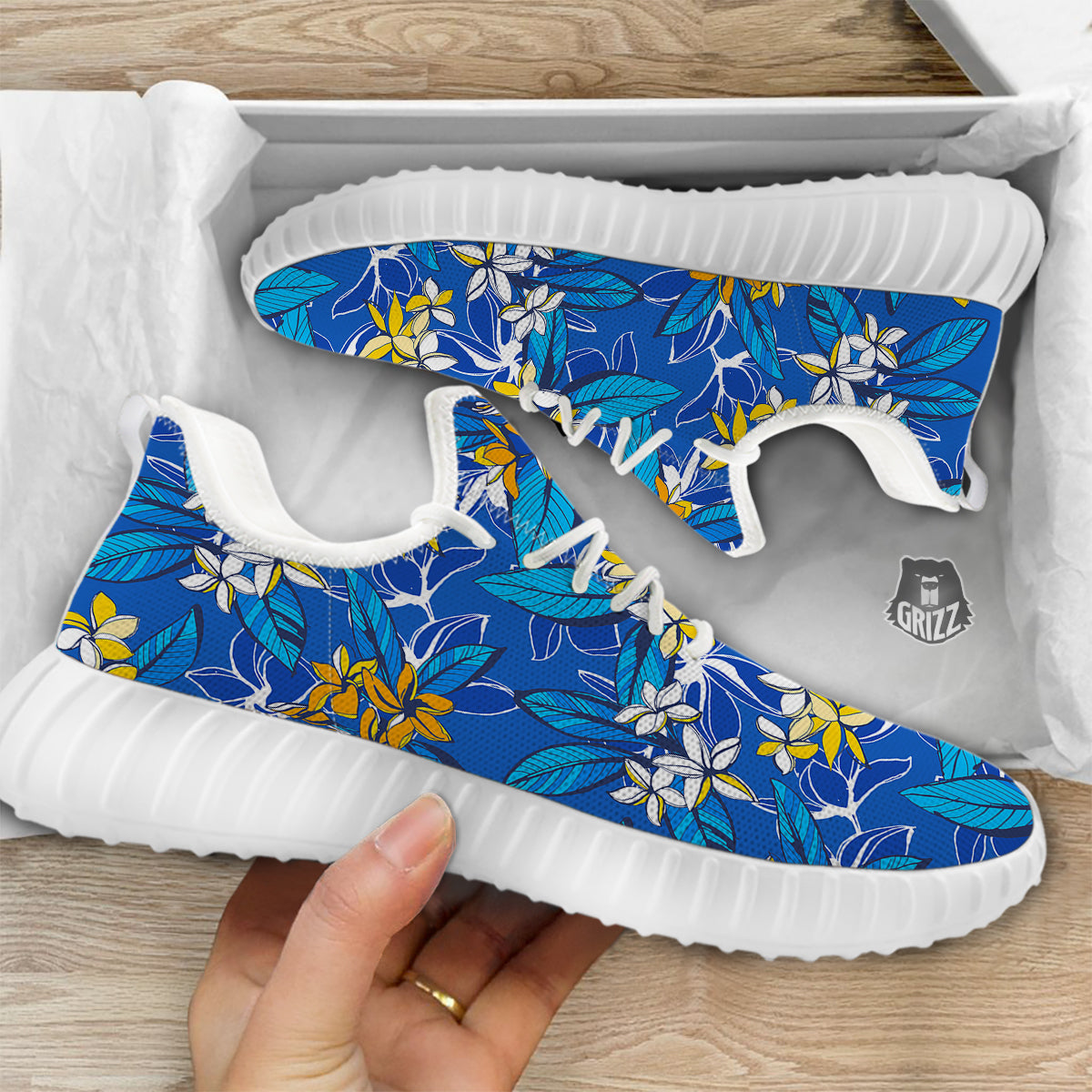 Plumeria Flower Yellow And White Blue Print Pattern White Walking Shoes-grizzshop