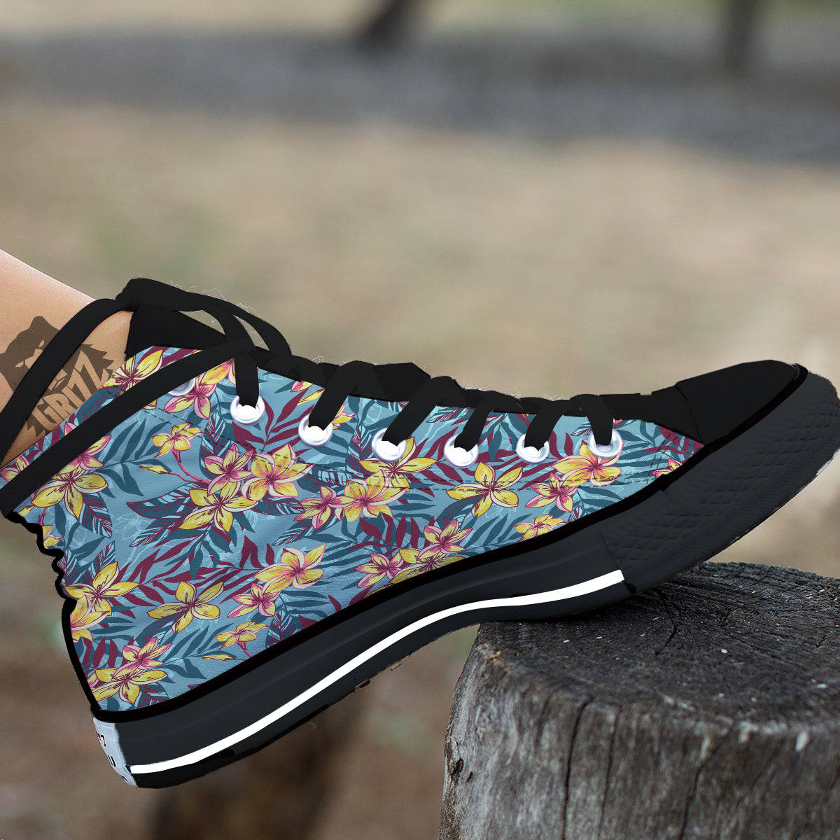 Plumeria Frangipani Tropical Print Pattern Black High Top Shoes-grizzshop