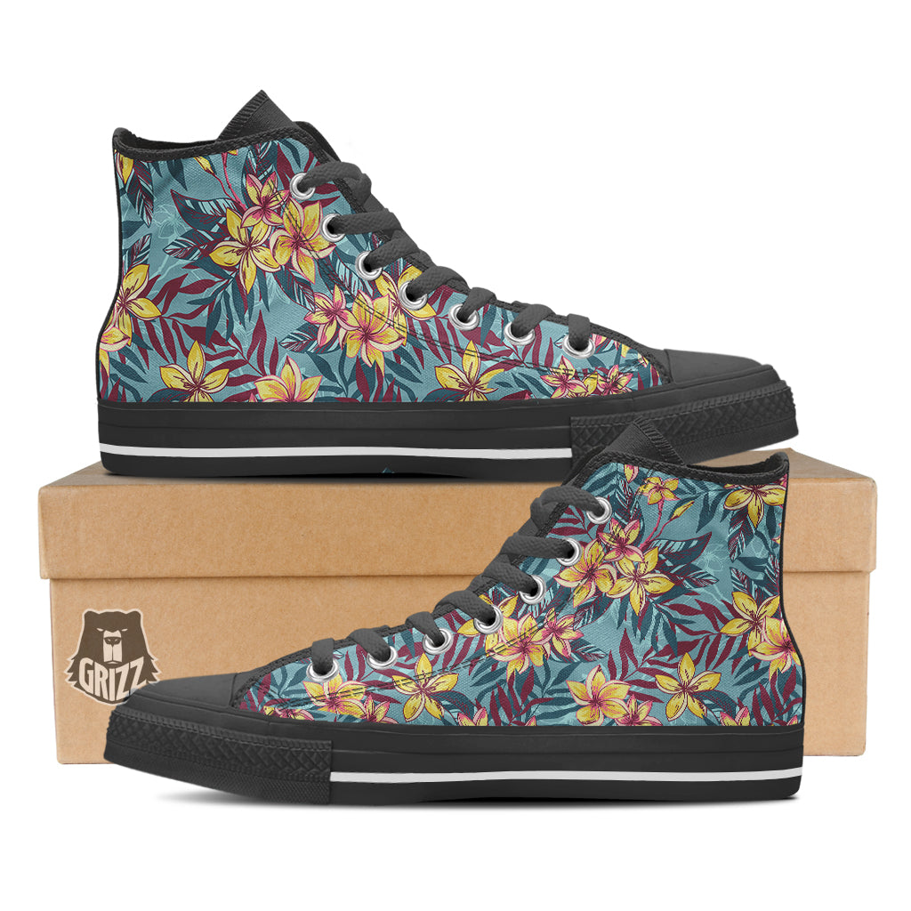 Plumeria Frangipani Tropical Print Pattern Black High Top Shoes-grizzshop