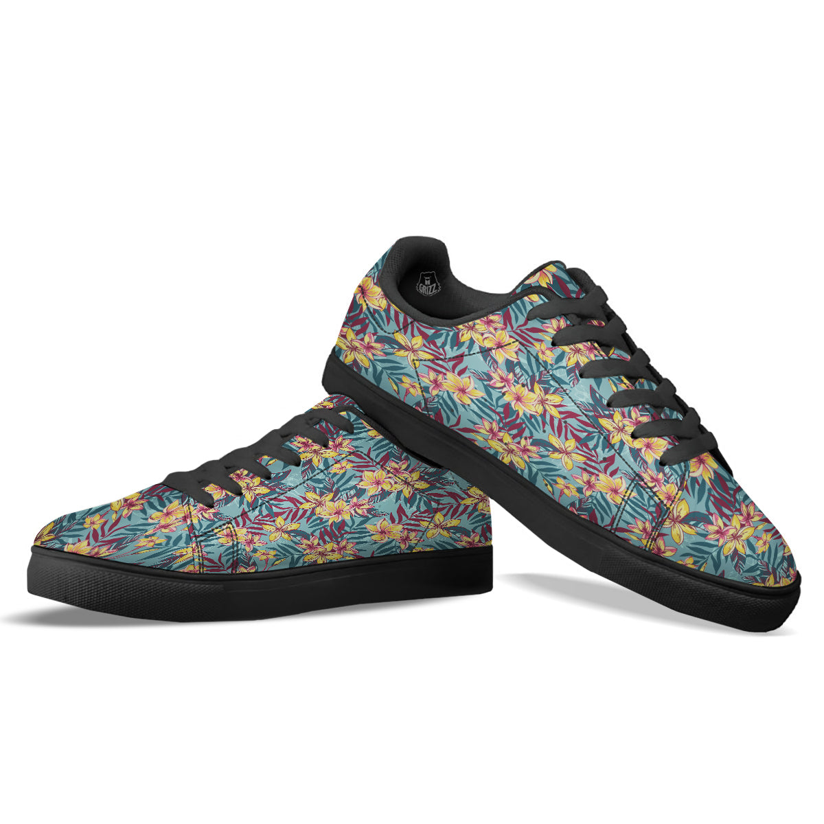 Plumeria Frangipani Tropical Print Pattern Black Low Top Sneakers-grizzshop