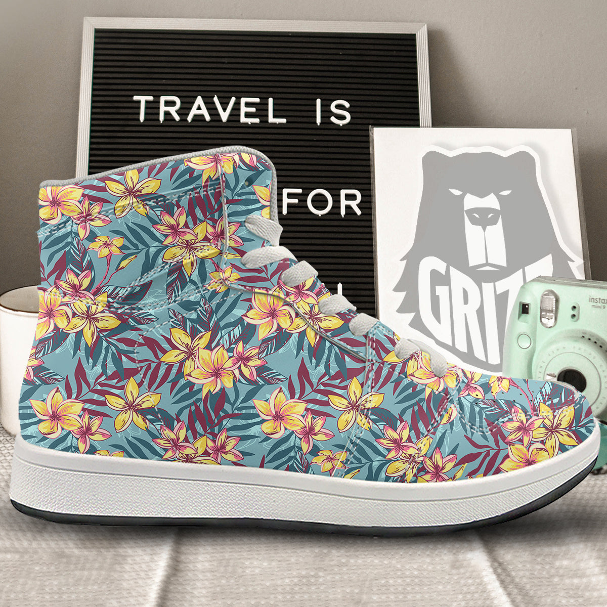 Plumeria Frangipani Tropical Print Pattern High Top Sneakers-grizzshop