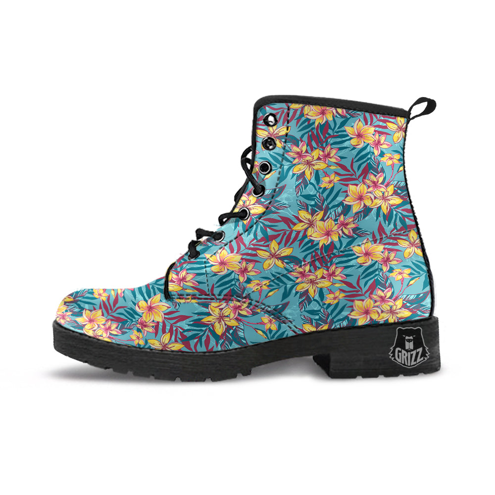 Plumeria Frangipani Tropical Print Pattern Leather Boots-grizzshop
