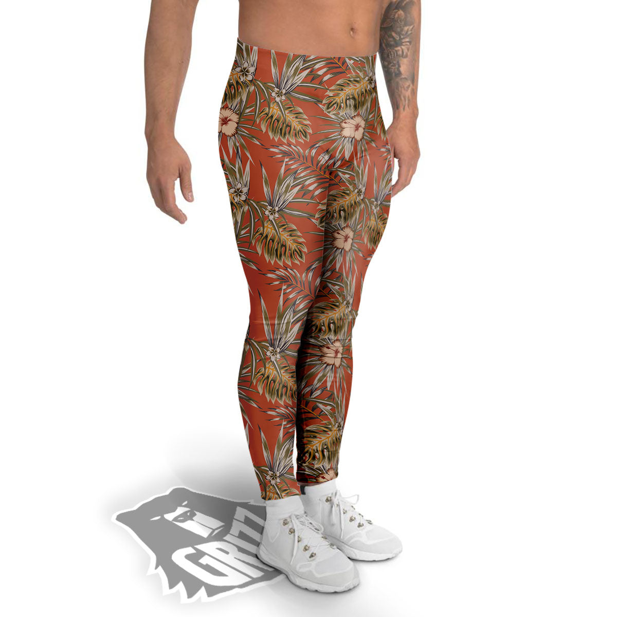 Plumeria Hibiscus Vintage Print Pattern Men's Leggings-grizzshop