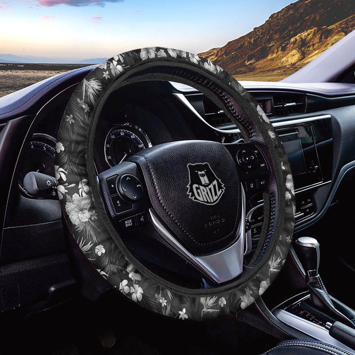 Plumeria Monochrome Print Pattern Car Steering Wheel Cover-grizzshop