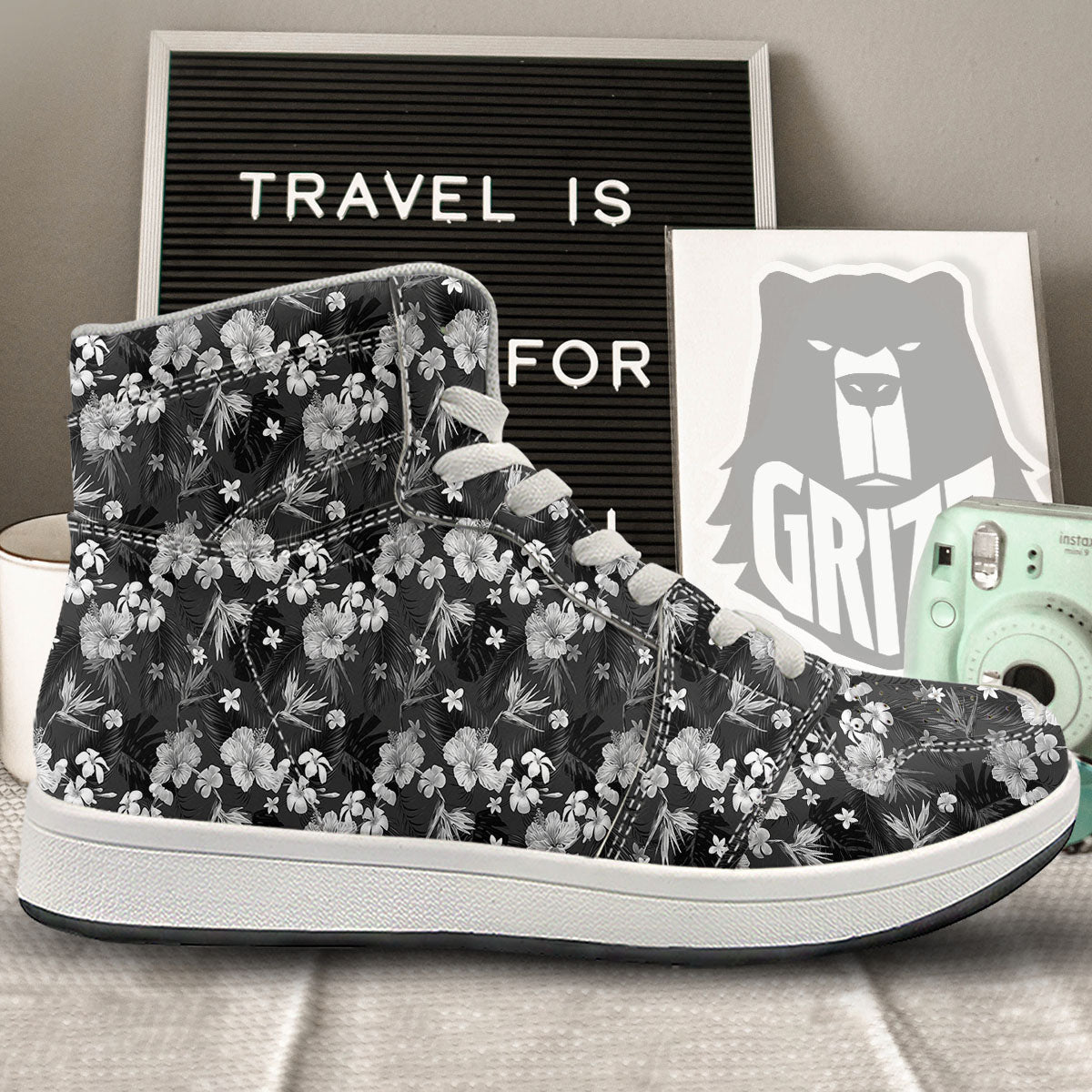 Plumeria Monochrome Print Pattern High Top Sneakers-grizzshop