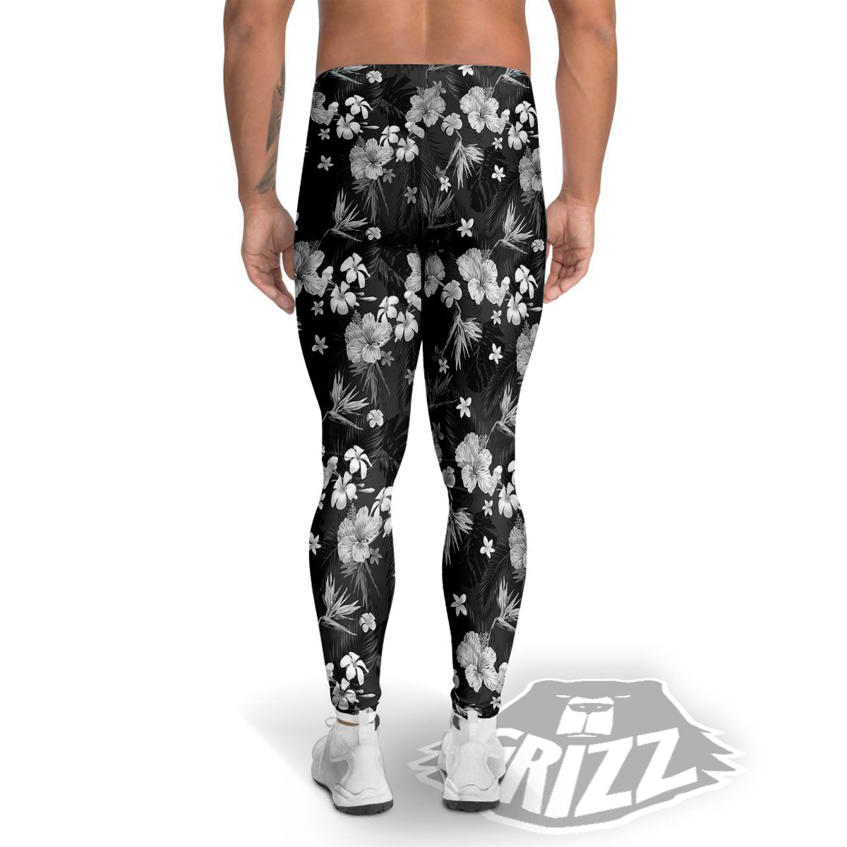 Plumeria Monochrome Print Pattern Men's Leggings-grizzshop