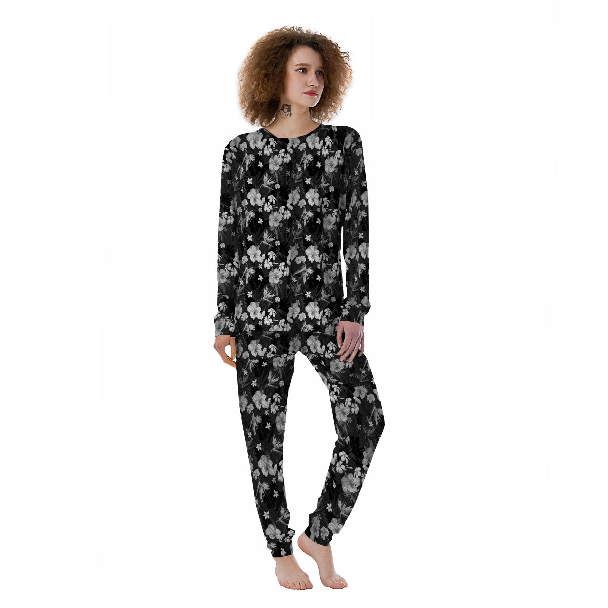 Plumeria Monochrome Print Pattern Women's Pajamas-grizzshop