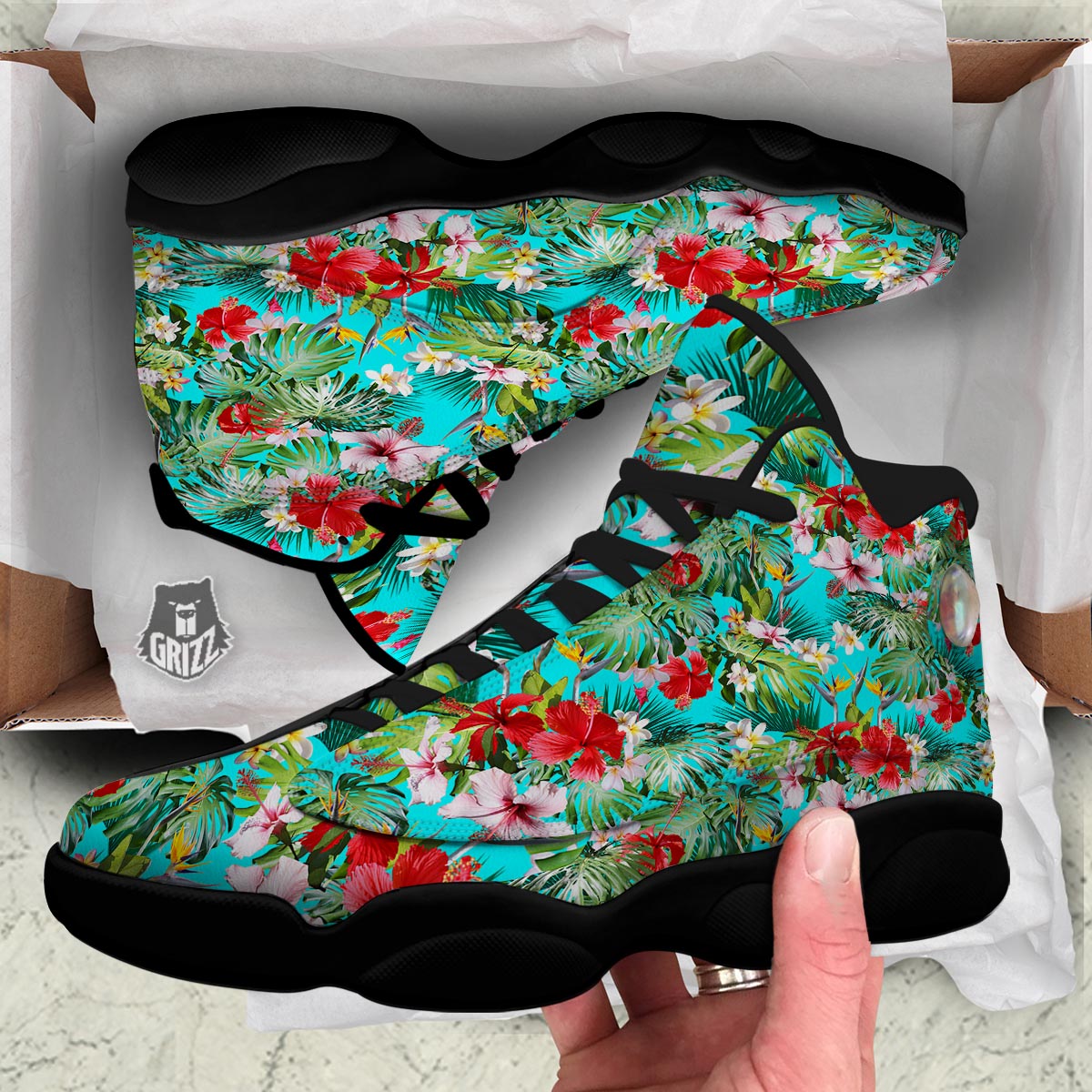 Plumeria Red Hibiscus Print Pattern Black Basketball Shoes-grizzshop