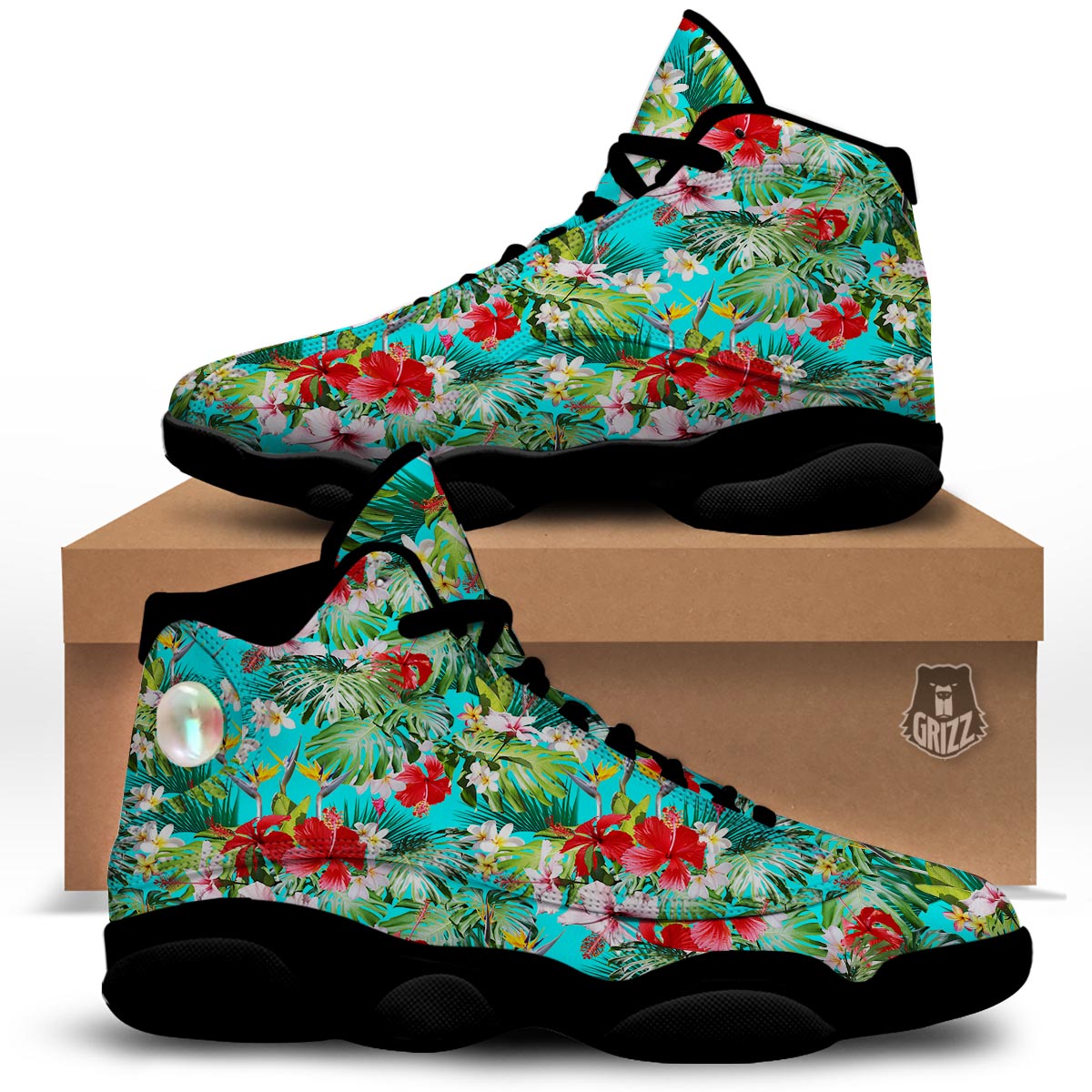 Plumeria Red Hibiscus Print Pattern Black Basketball Shoes-grizzshop
