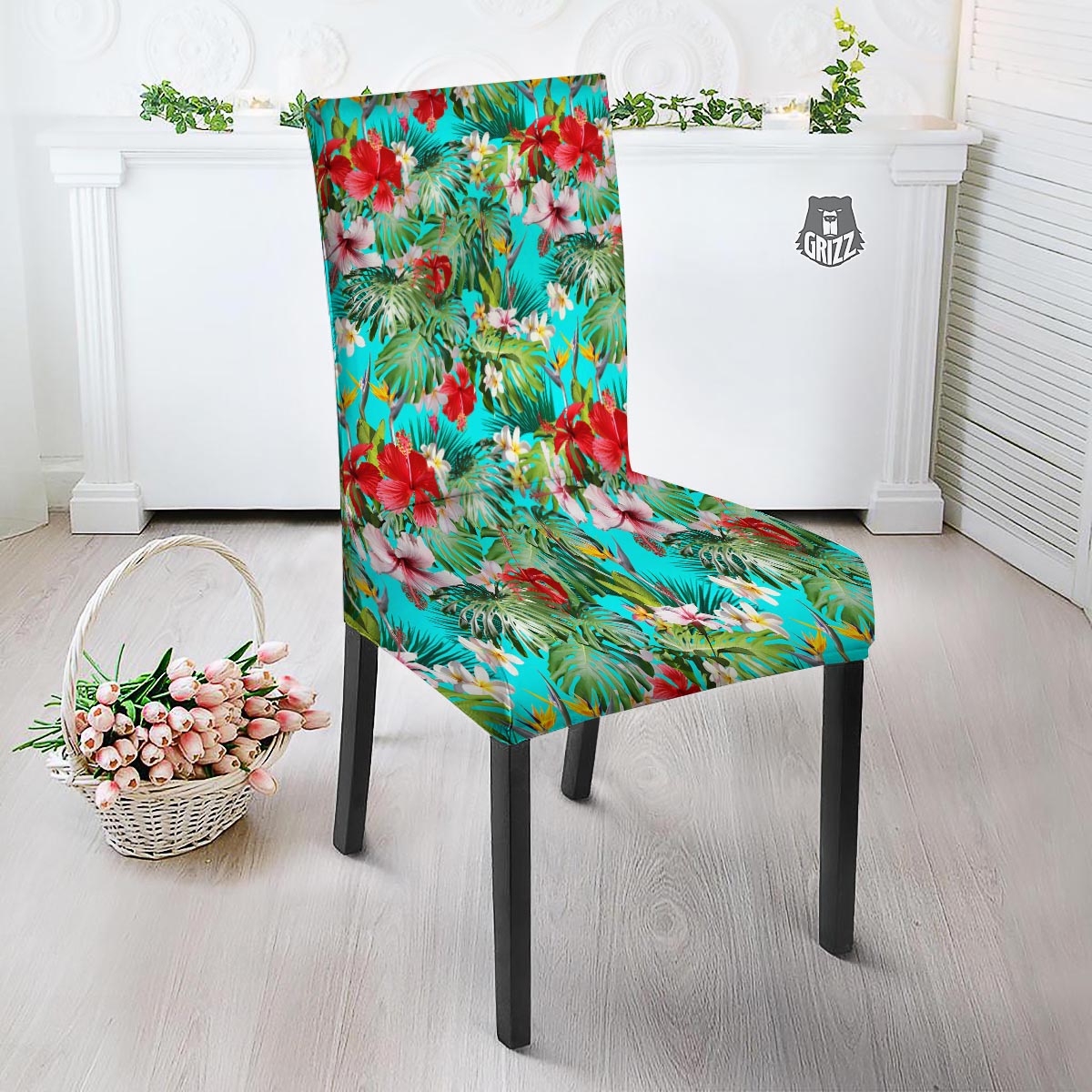 Plumeria Red Hibiscus Print Pattern Dining Chair Slipcover-grizzshop