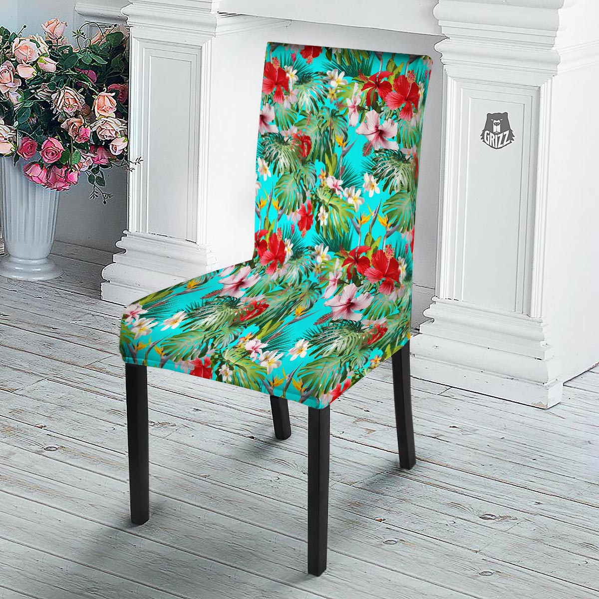 Plumeria Red Hibiscus Print Pattern Dining Chair Slipcover-grizzshop