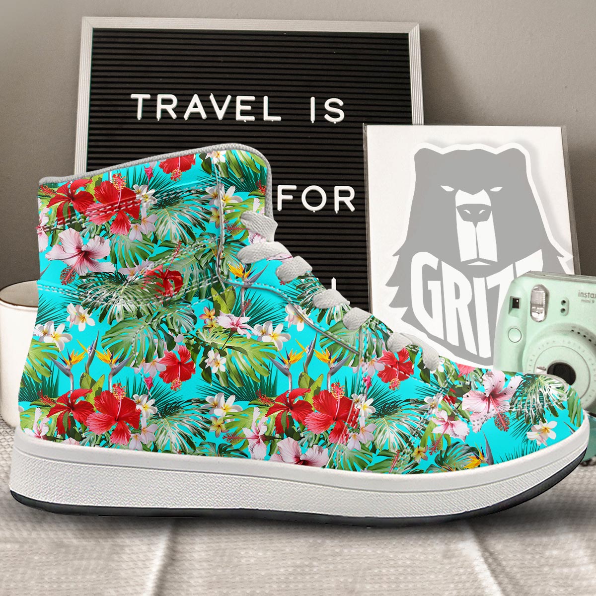 Plumeria Red Hibiscus Print Pattern High Top Sneakers-grizzshop