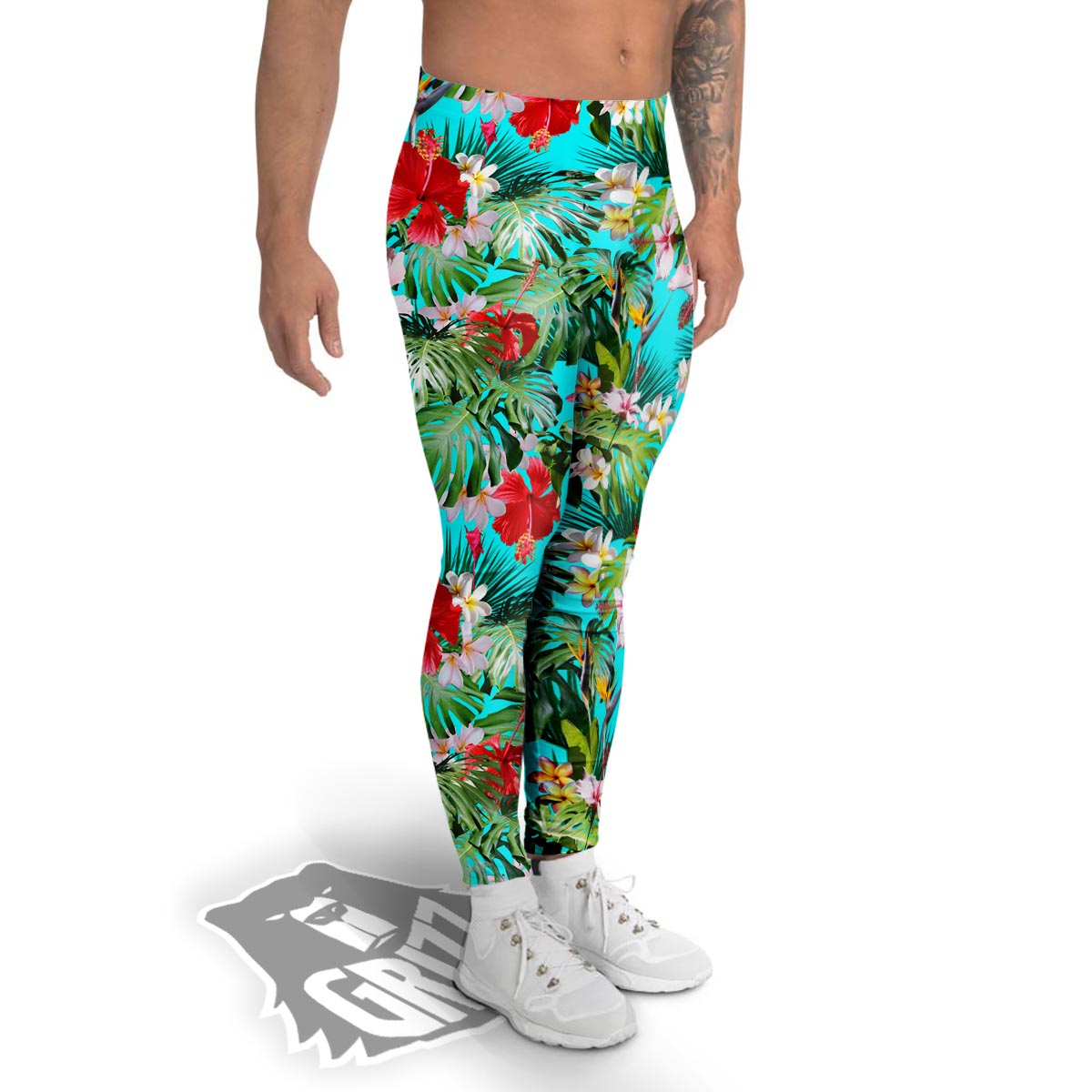 Plumeria Red Hibiscus Print Pattern Men's Leggings-grizzshop