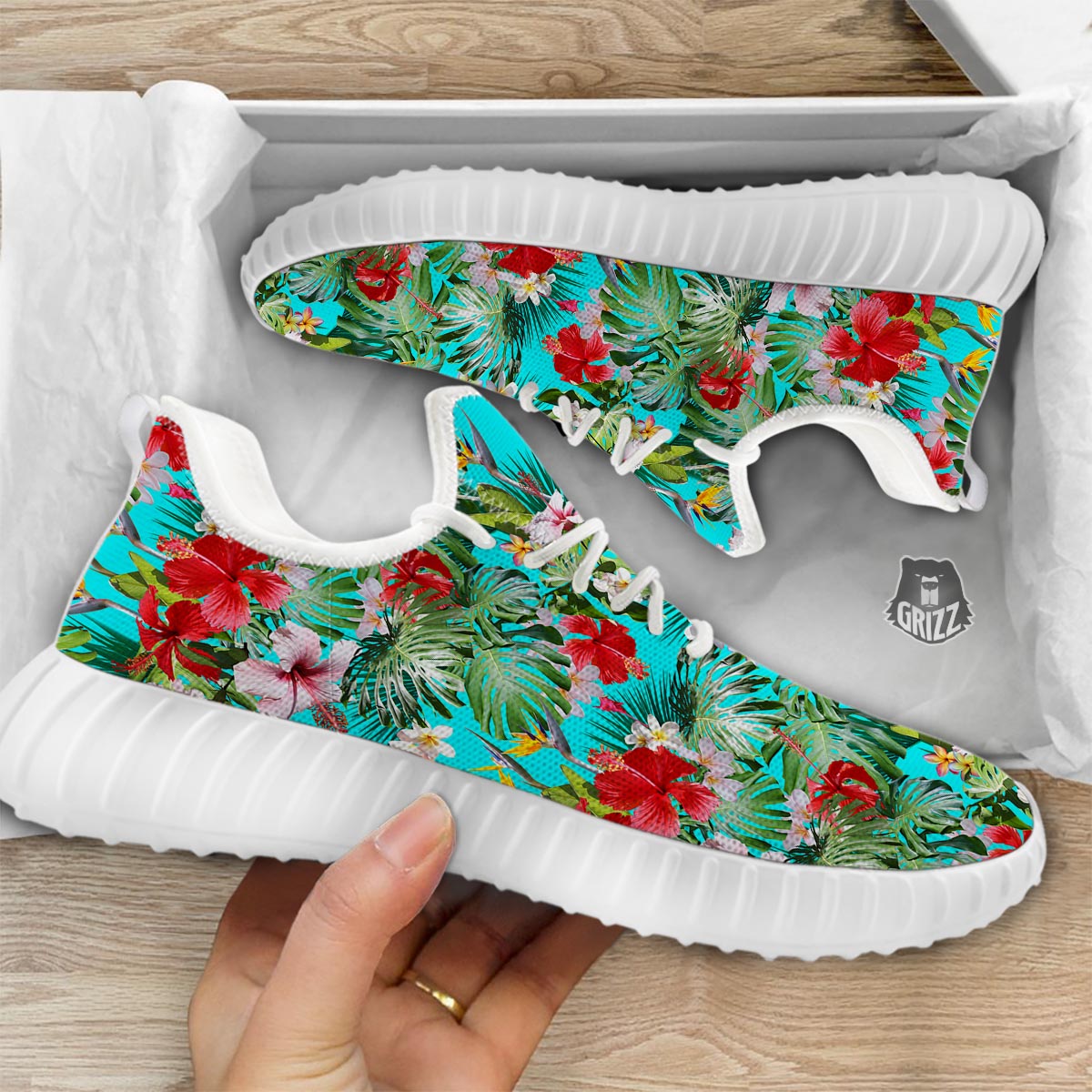 Plumeria Red Hibiscus Print Pattern White Walking Shoes-grizzshop