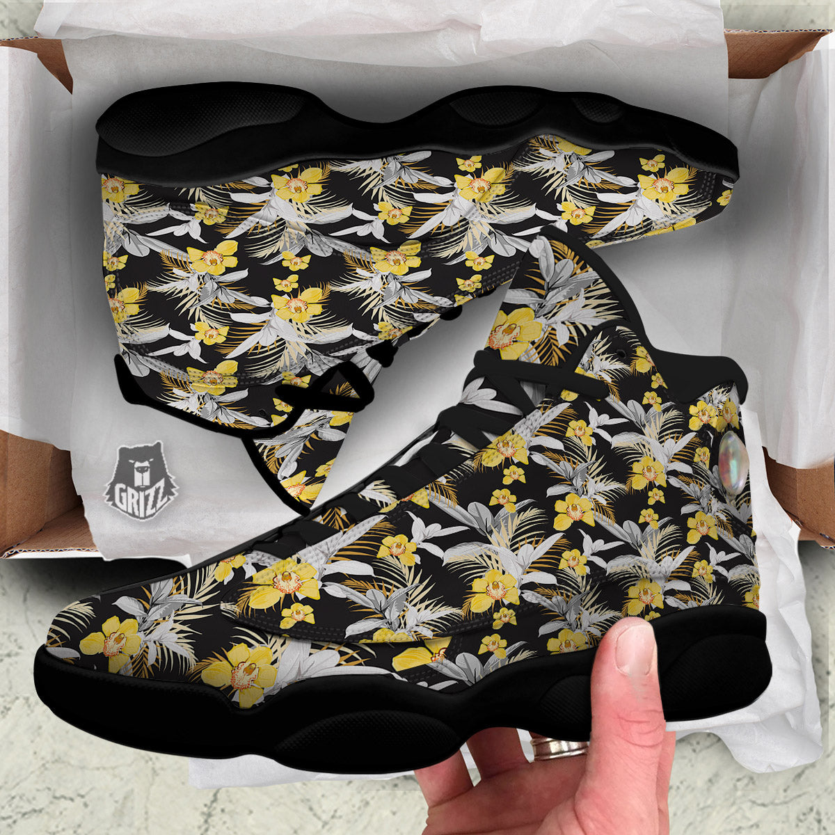Plumeria Yellow And Black Print Pattern Black Basketball Shoes-grizzshop